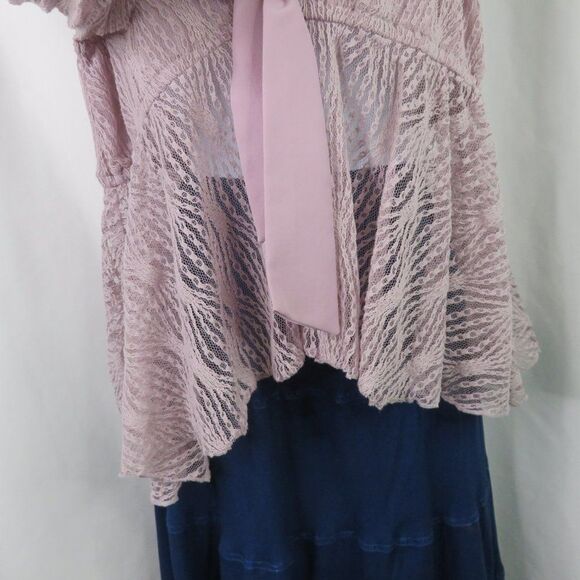 Free People Pink Lace Top Size Medium Peasant Crop Ribbon Tie Sheer Empire LS - Picture 6 of 13